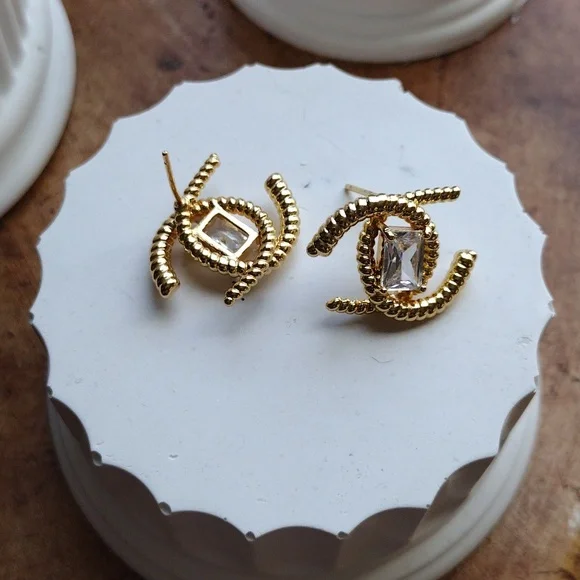 Gold Crystal Stud Earrings - Picture 2 of 2